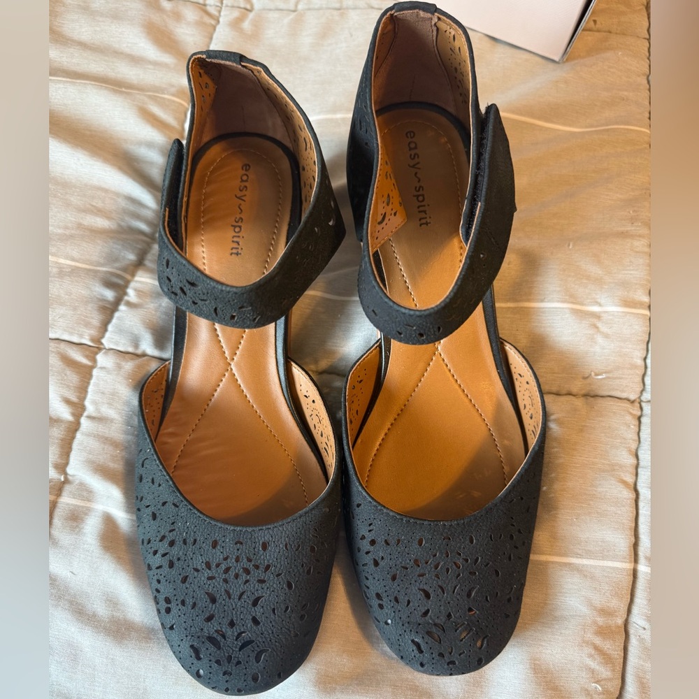 Easy Spirit Black Laser-Cut Ankle-Strap Heels